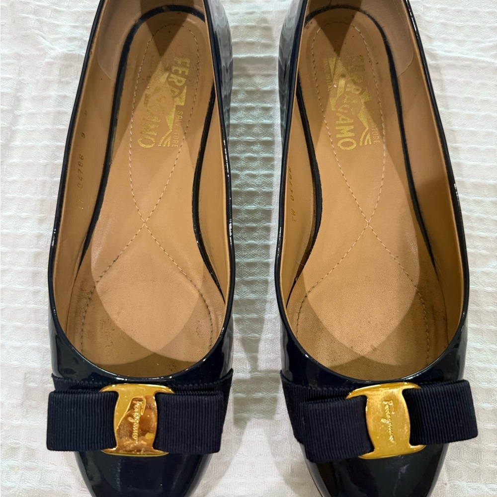 Salvatore Ferragamo Navy Blue Flats with Gold Accent